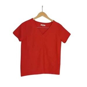 Madewell 100% Cotton Red Ribbed V-Neck Ruched Short Sleeve Top Fits XS S NWOT